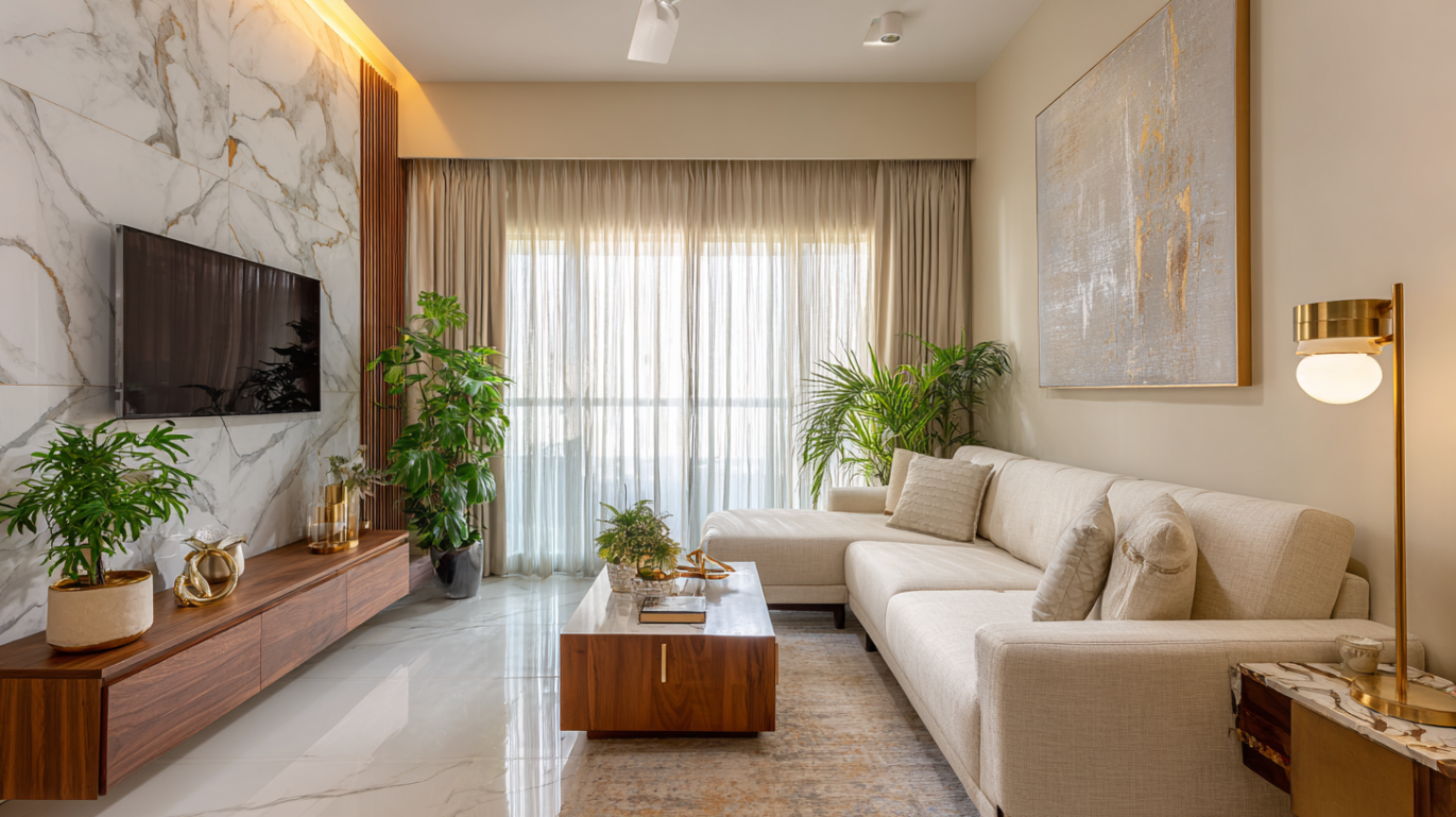 Upscale minimalist luxury living room with high ceilings