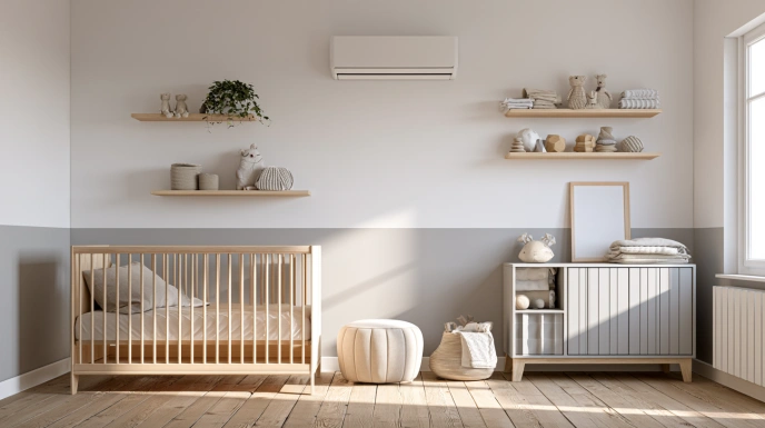 Minimalist nursery room with wooden crib