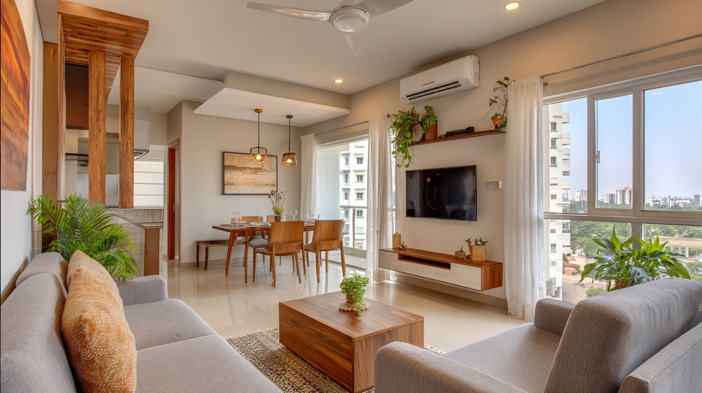 Airy open plan minimalist living room and dining