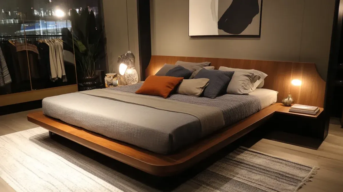 Minimalist low-profile wooden platform bed with extended headboard