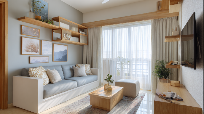 Compact minimalist living room optimizing small space footprint