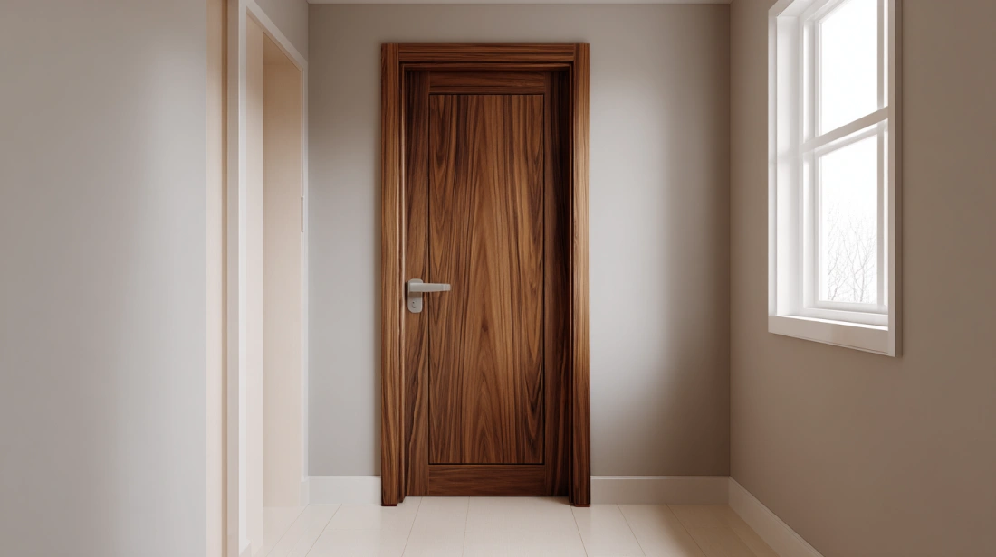 Minimal flush veneer door in simple Indian apartment hallway