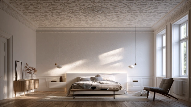 Minimalist white pattern wallpaper for subtle texture.