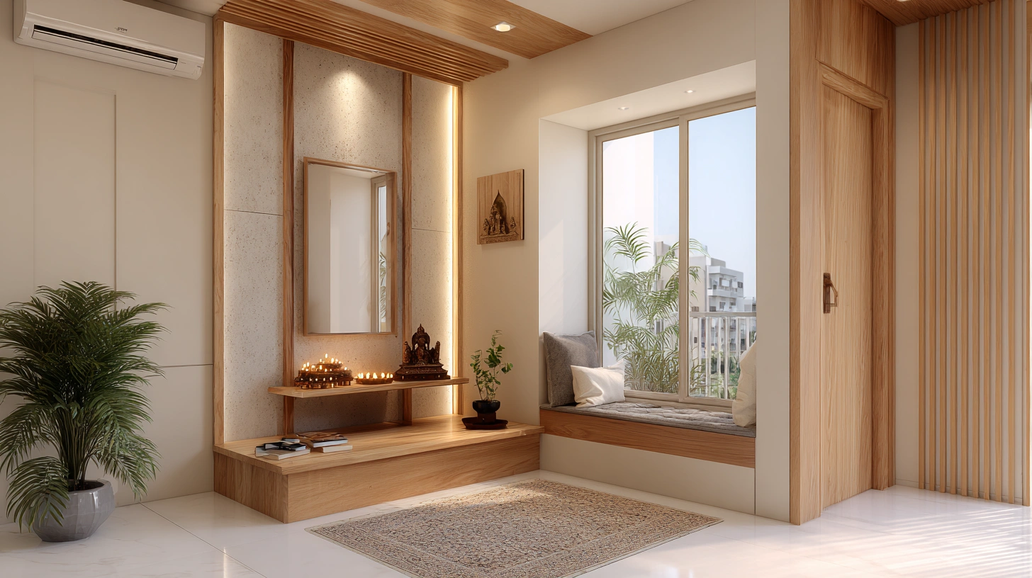 Bedroom wall mandir with wood and frosted glass