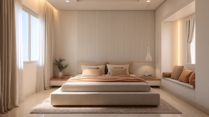 Minimalist neutral-tone couple bedroom interior