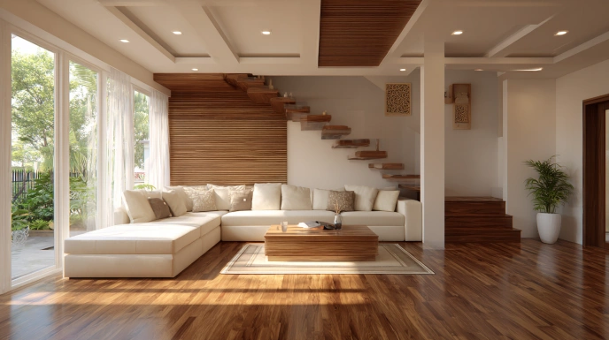 Minimalist white and wood duplex interior