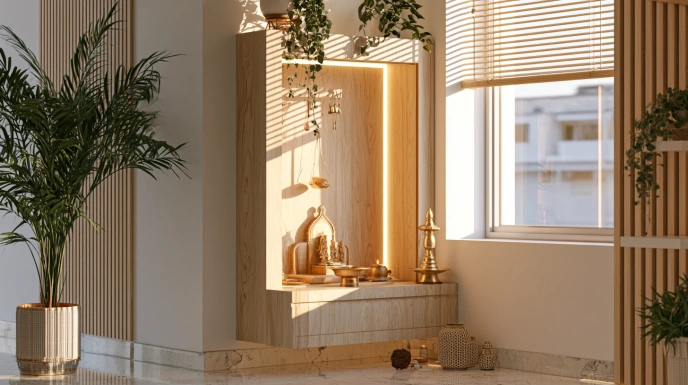 Compact plywood mandir in modern apartment corner