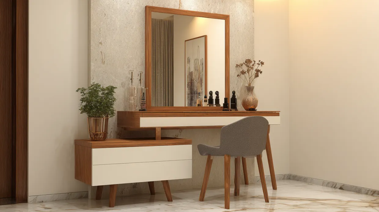 minimalistic wooden dressing table design with clean lines and storage, perfect for modern bedroom interiors