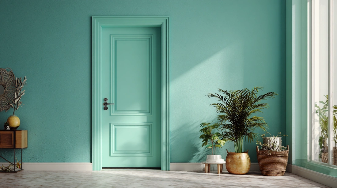 Mint green door matching wall with sleek silver handle