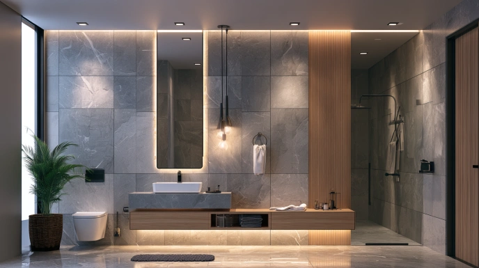 Bathroom ceiling with integrated mirror lighting