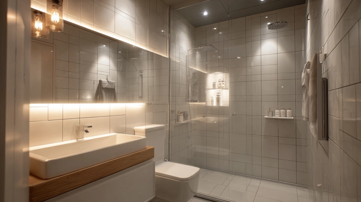 Bathroom with a full mirror wall