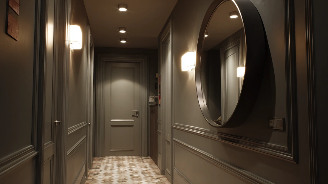 Round mirror placed in a small Indian flat corridor