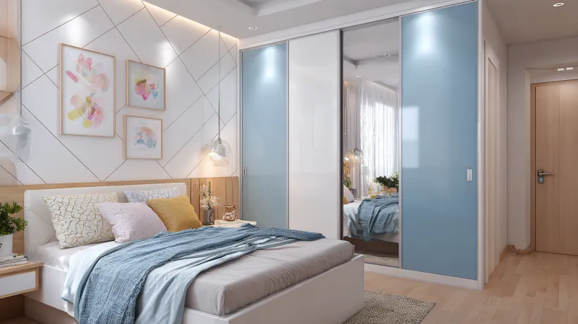 Colourful patterned wardrobe with integrated study desk