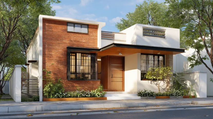 Small house elevation with red brick wall and white plaster