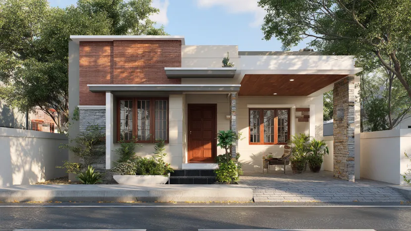 Mixed material low-cost normal house front elevation design
