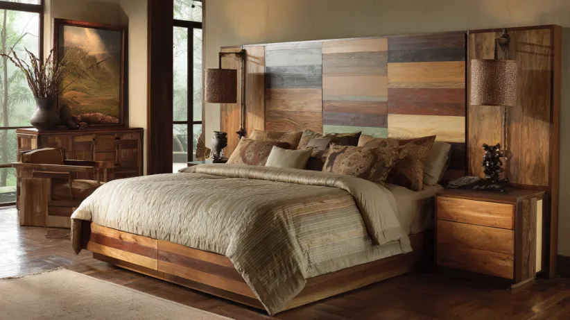 Horizontal mixed wood plank bed back with multi-tone timber finishes