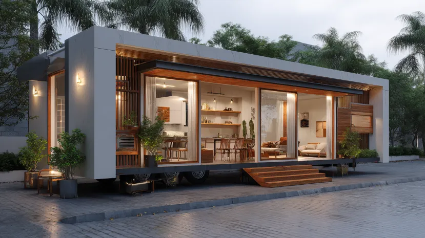 Modern mobile home with large glass doors and wooden steps