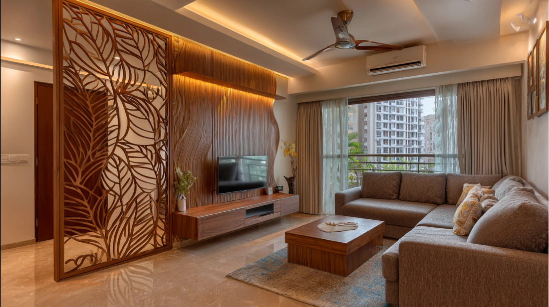 Large leaf shape cutout screen bordering sofa