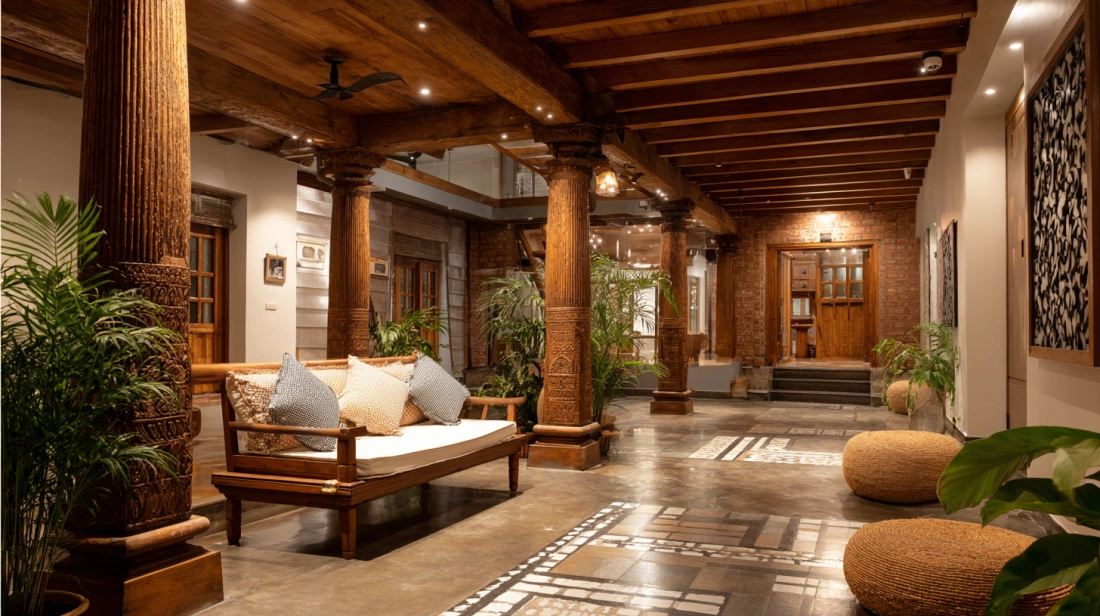Farmhouse sitout with cane chairs and wooden pillars