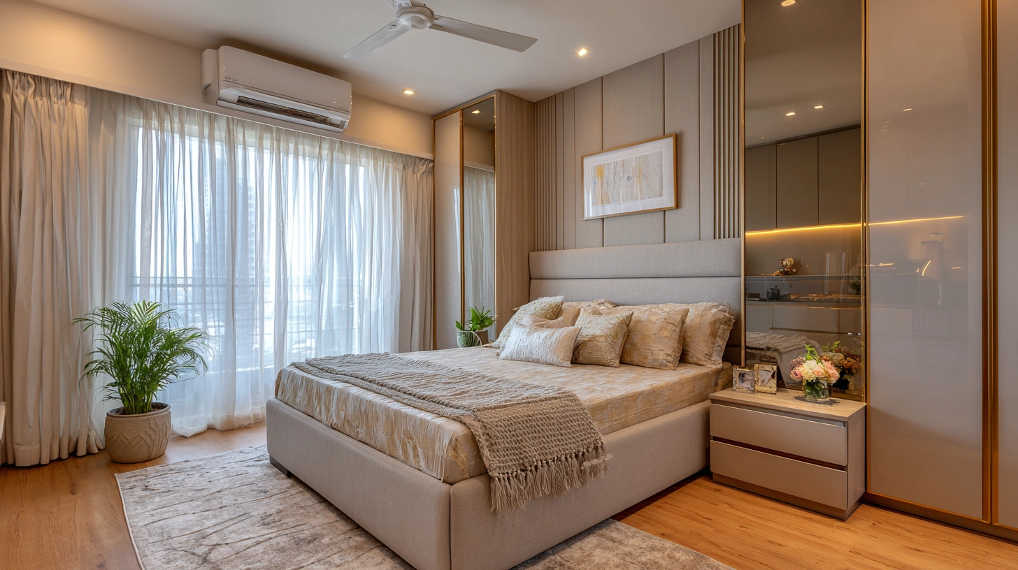 Stylish bedroom cupboard design incorporating built in mirrors
