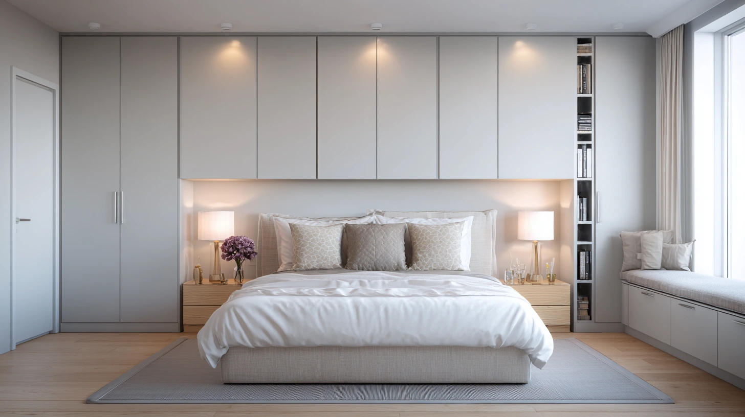 Modern bedroom layout with balanced furniture placement