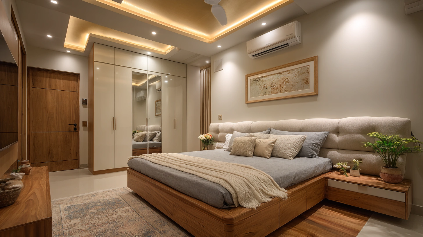 Cozy bedroom interior with a warm backlit POP design