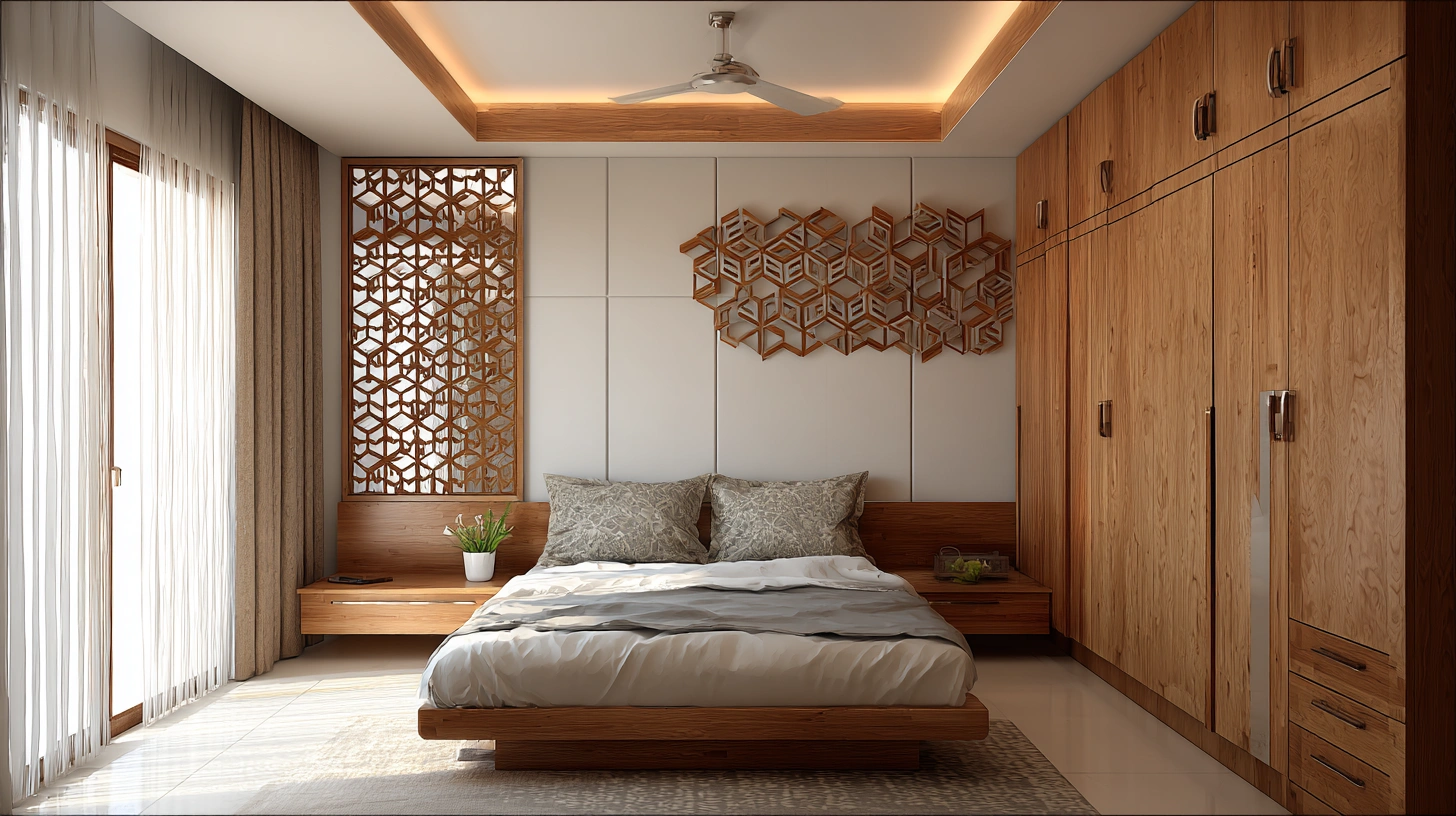 Luxurious bedroom displaying intricate geometric CNC cut panels