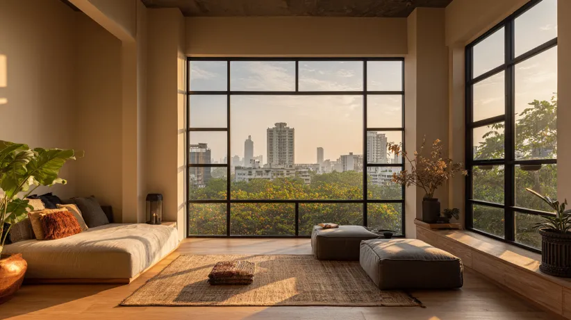 Large black frame casement windows showcasing a cityscape view at sunset in a modern room.