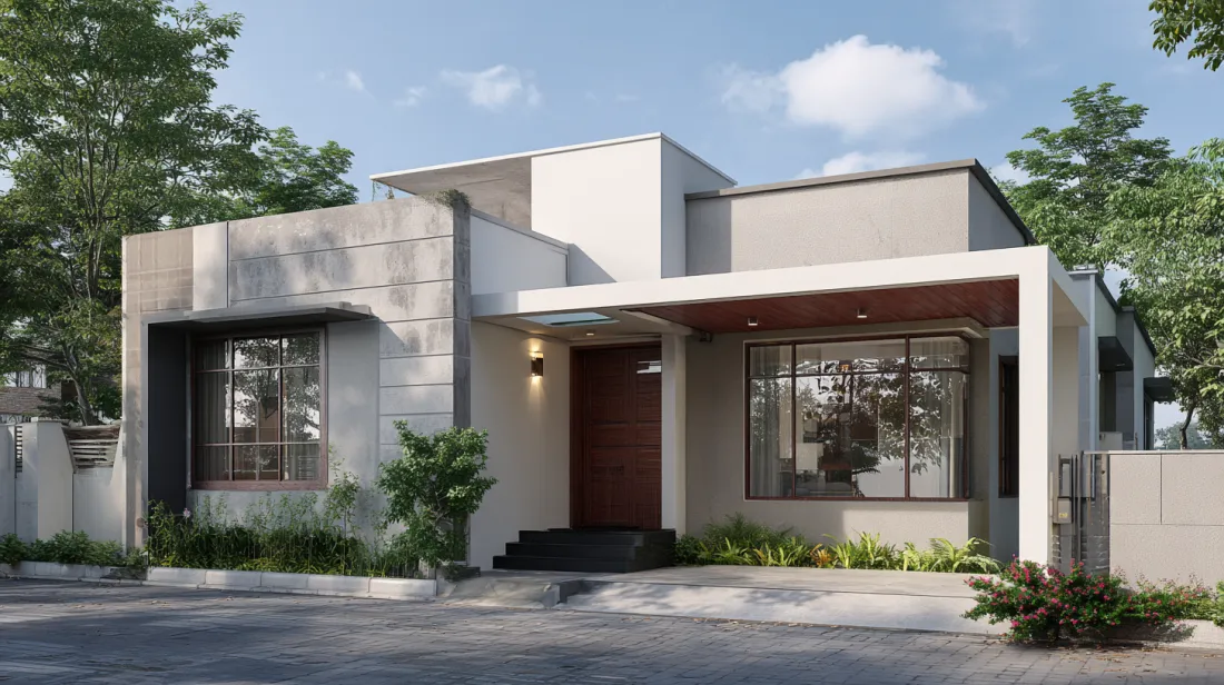 Modern one-story grey house with white trim and wooden door