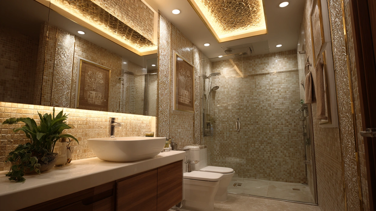 Modern bathroom ceiling with smart LED lights