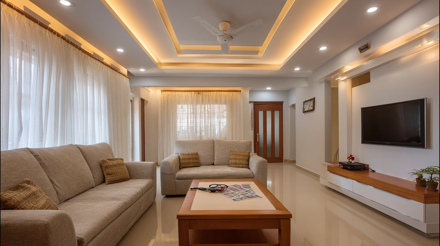 Perimeter false ceiling with recessed spotlights