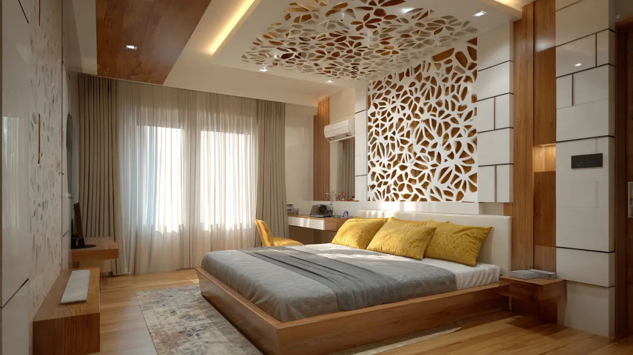 modern false ceiling design with geometric cut-outs in bedroom