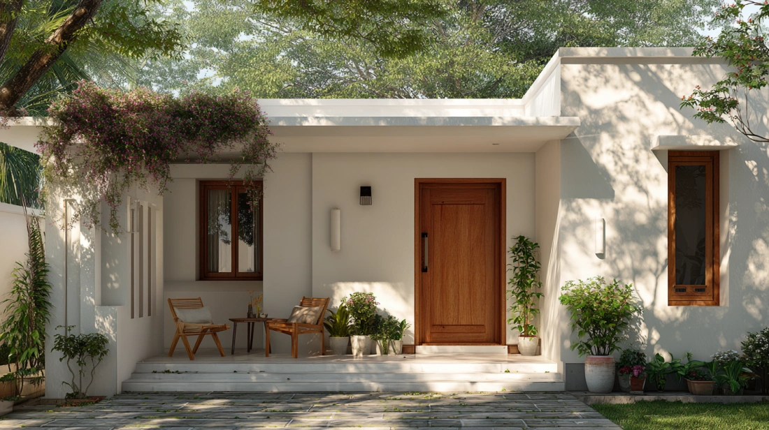 Compact farmhouse exterior with chairs and potted plants