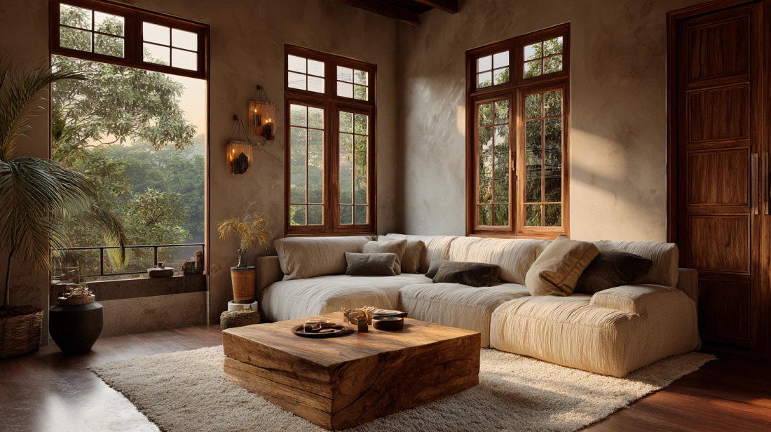 Farmhouse living room with wooden windows and neutral sofa