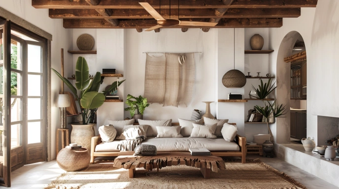 Indian farmhouse living room with rustic and modern elements