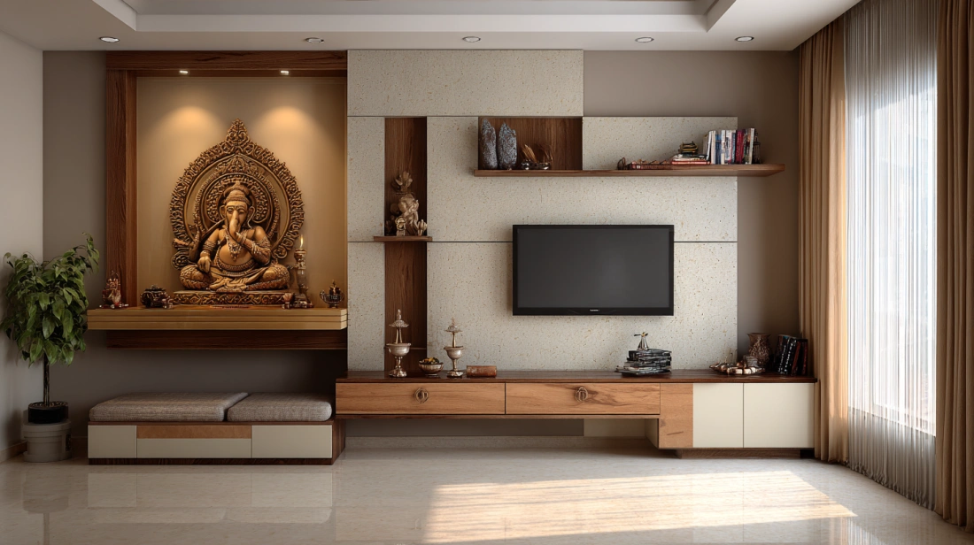 Modern plywood and acrylic wall mandir unit