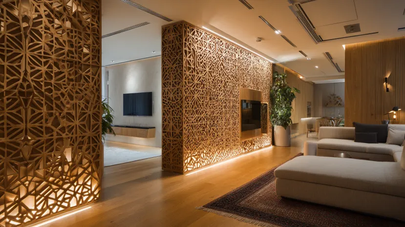 Large geometric CNC wood partitions dividing a luxury living area