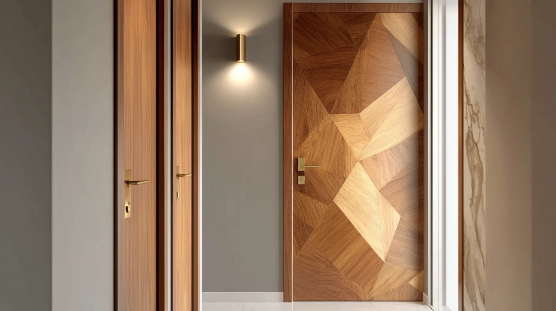 Geometric veneer design door in Indian apartment passage