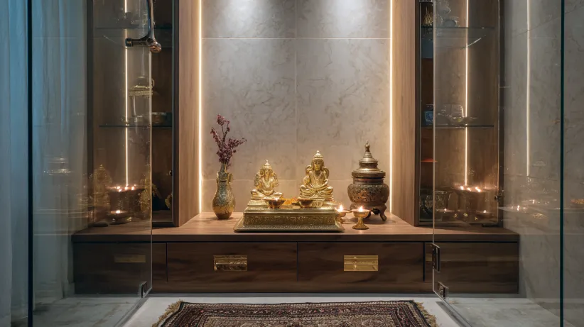 modern glass panel pooja room design for contemporary home interiors