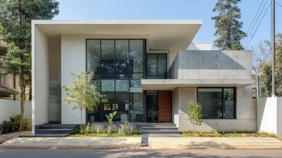 Small house with double-height glass front and concrete walls