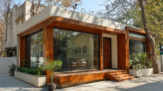 Glass and wood village single-floor home front design