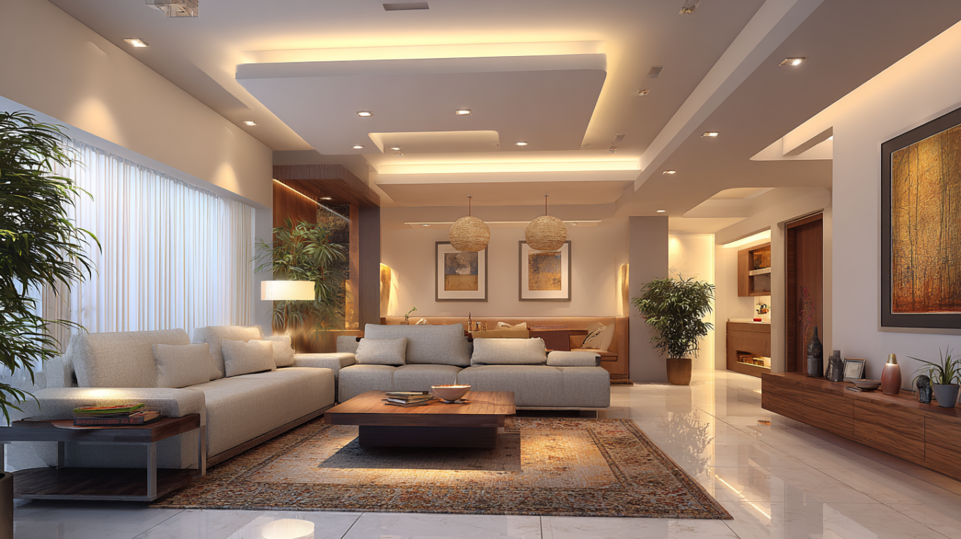 Tray gypsum ceiling defining living room seating