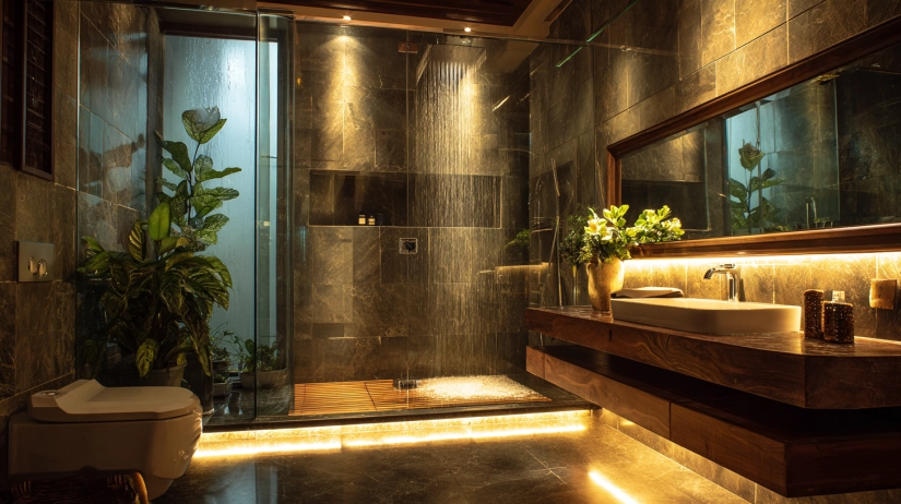 Dark, moody, modern full bathroom renovation design