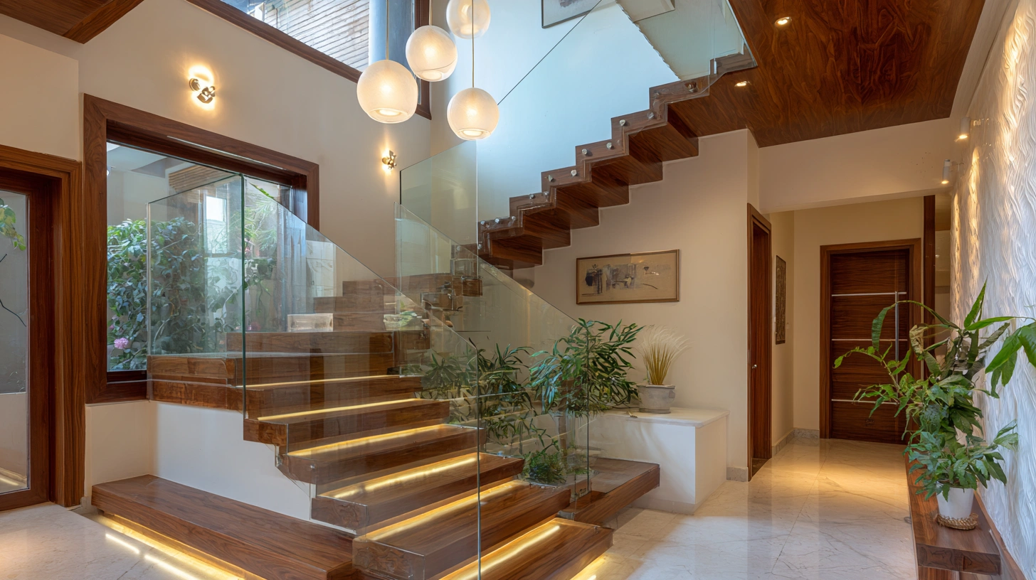 Modern wood stairs with recessed side lights and overhead glow
