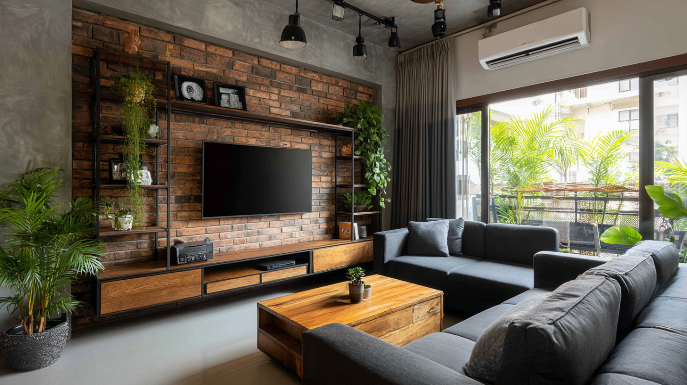 Modern industrial living room with grey sofa
