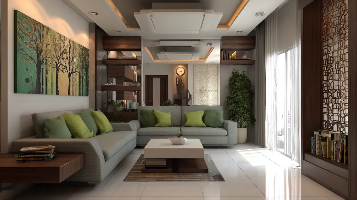 modern living room with grey sofas, green cushions, and large wall art