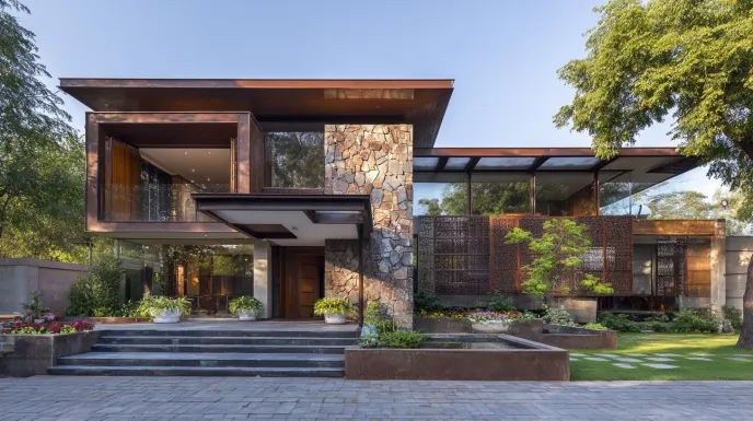 Stone and wood modern Indian house exterior