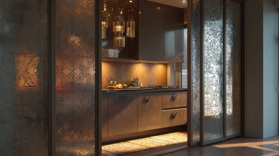 Modern glass sliding door with thin black horizontal grids