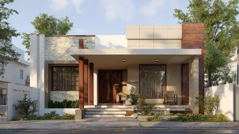 Single-story home with beige stone cladding and a wide front porch