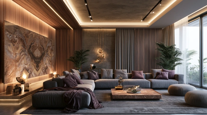 Marble and walnut luxury living room
